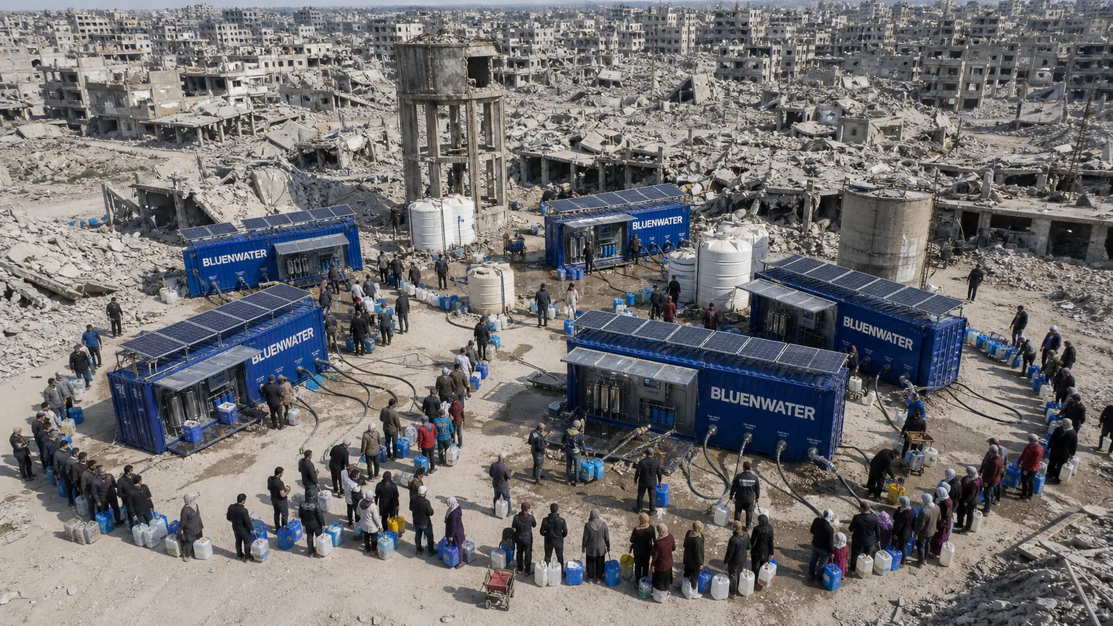 BLUE BOX mobile water purification system deployed in disaster response field concept image